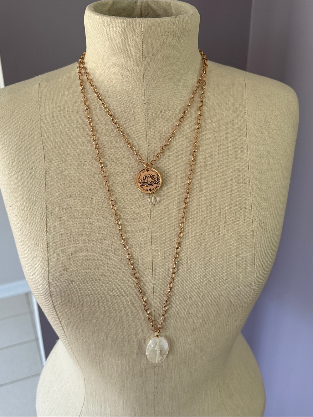 Rose Gold-Tone Layered Lotus Pendant Necklace with Crystal